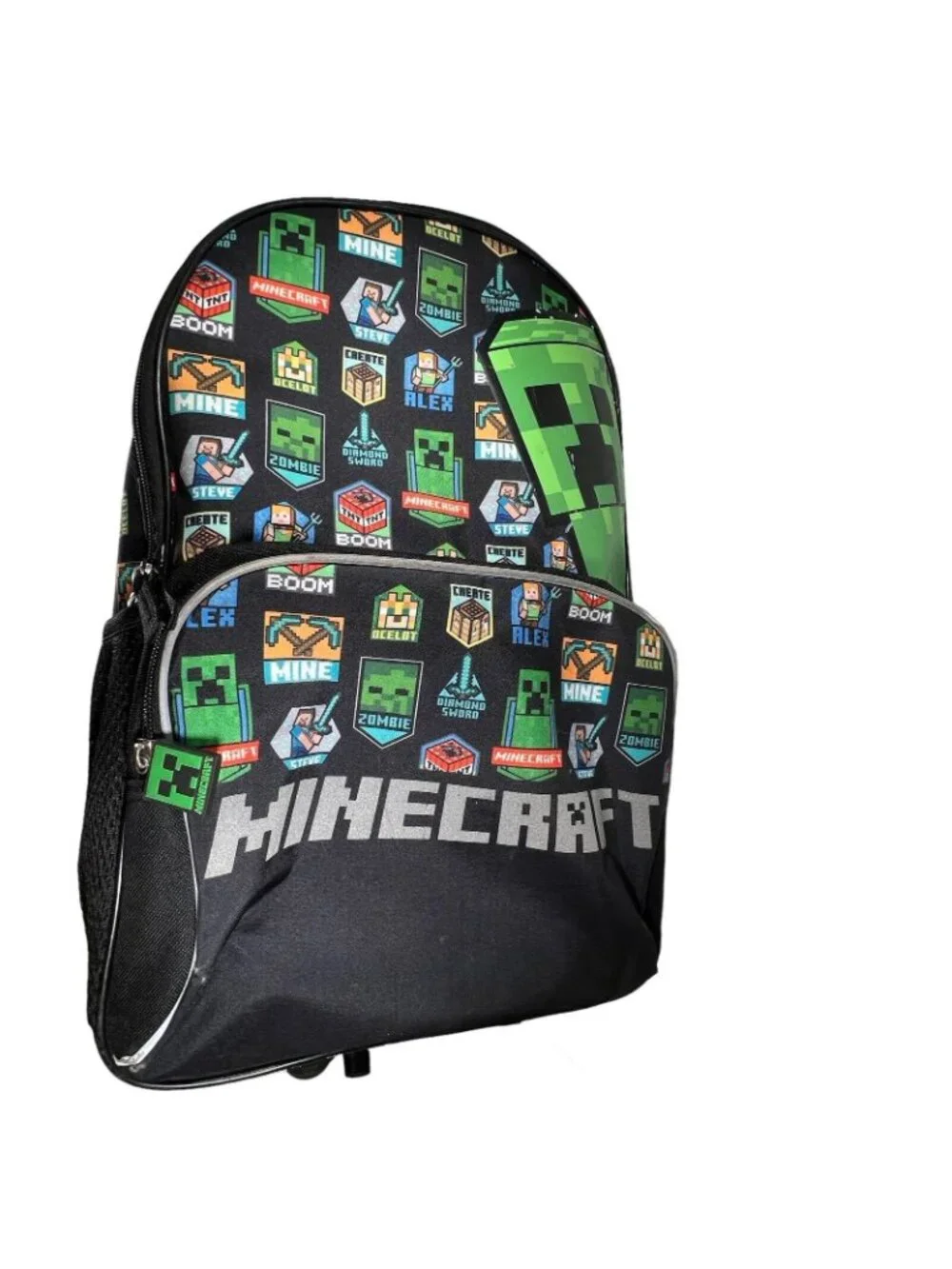 Minecraft Creeper Backpack Detachable Lunch Bag School Kids Boys Black Green
